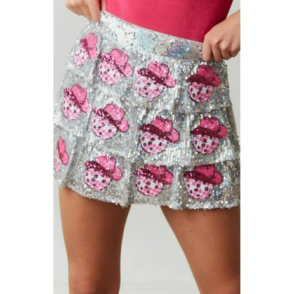 Disco Cowgirl Disco Ball and Hat Patch Sequin Mini Skirt - Picture 1 of 10